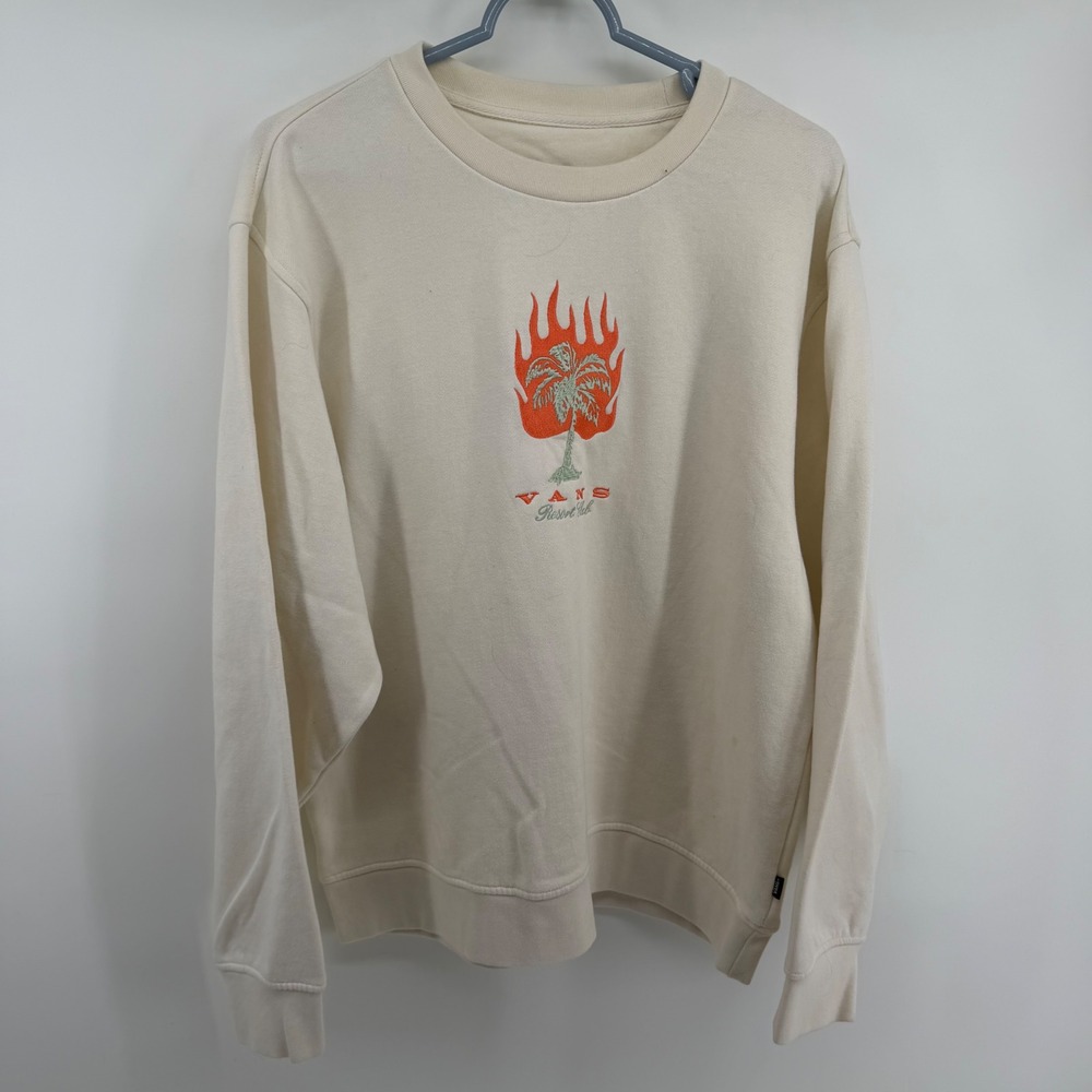 Vans Resort Club Flaming Palm Tree Crewneck Sweatshirt Cream Mens Medium